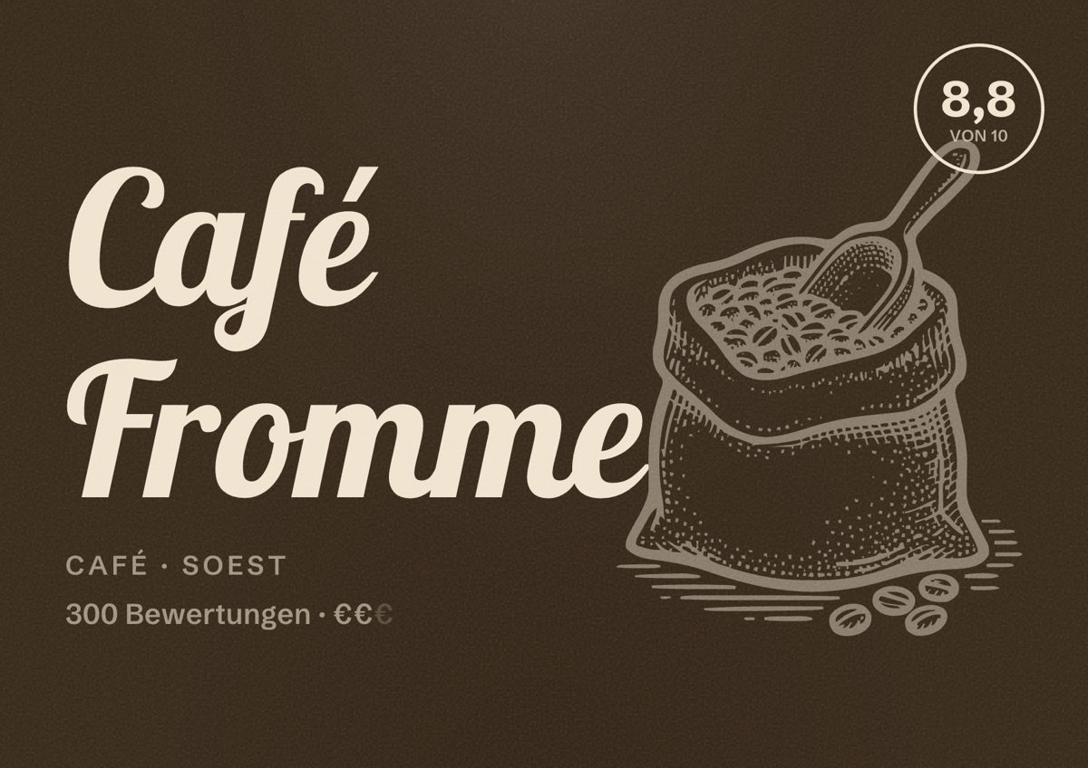 Illustriertes Poster von Café Fromme, Café in Soest: Bewertung 8,8 von 10 aus 300 Bewertungen, Preisniveau €€