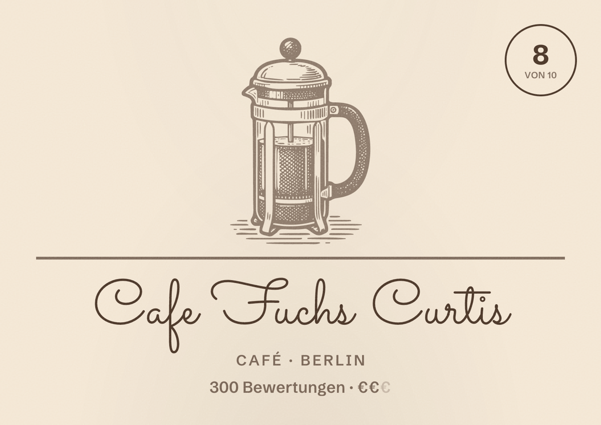 Illustriertes Poster von Cafe Fuchs Curtis, Café in Berlin: Bewertung 8,0 von 10 aus 300 Bewertungen, Preisniveau €€