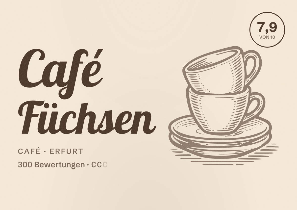 Illustriertes Poster von Café Füchsen, Café in Erfurt: Bewertung 7,9 von 10 aus 300 Bewertungen, Preisniveau €€
