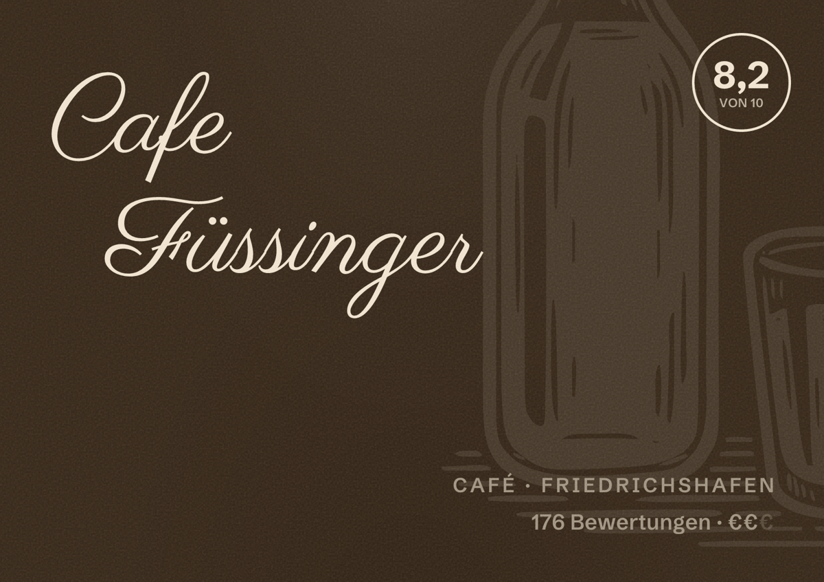 Illustriertes Poster von Cafe Füssinger, Café in Friedrichshafen: Bewertung 8,2 von 10 aus 176 Bewertungen, Preisniveau €€