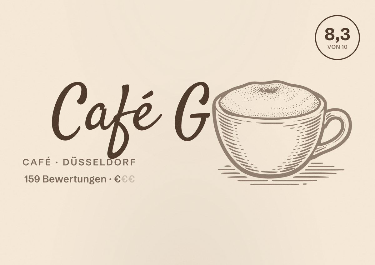 Illustriertes Poster von Café G, Café in Düsseldorf: Bewertung 8,3 von 10 aus 159 Bewertungen, Preisniveau €
