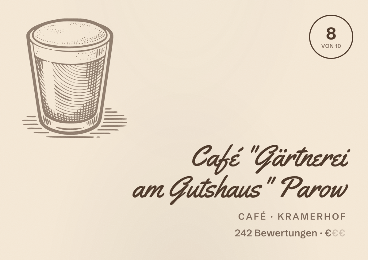 Illustriertes Poster von Café "Gärtnerei am Gutshaus" Parow, Café in Kramerhof: Bewertung 8 von 10 aus 242 Bewertungen, Preisniveau €