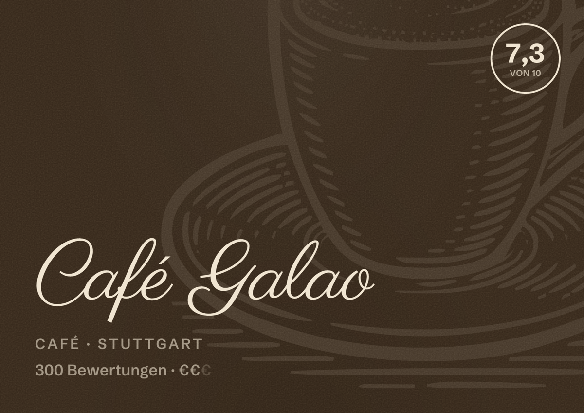 Illustriertes Poster von Café Galao, Café in Stuttgart: Bewertung 7,3 von 10 aus 300 Bewertungen, Preisniveau €€
