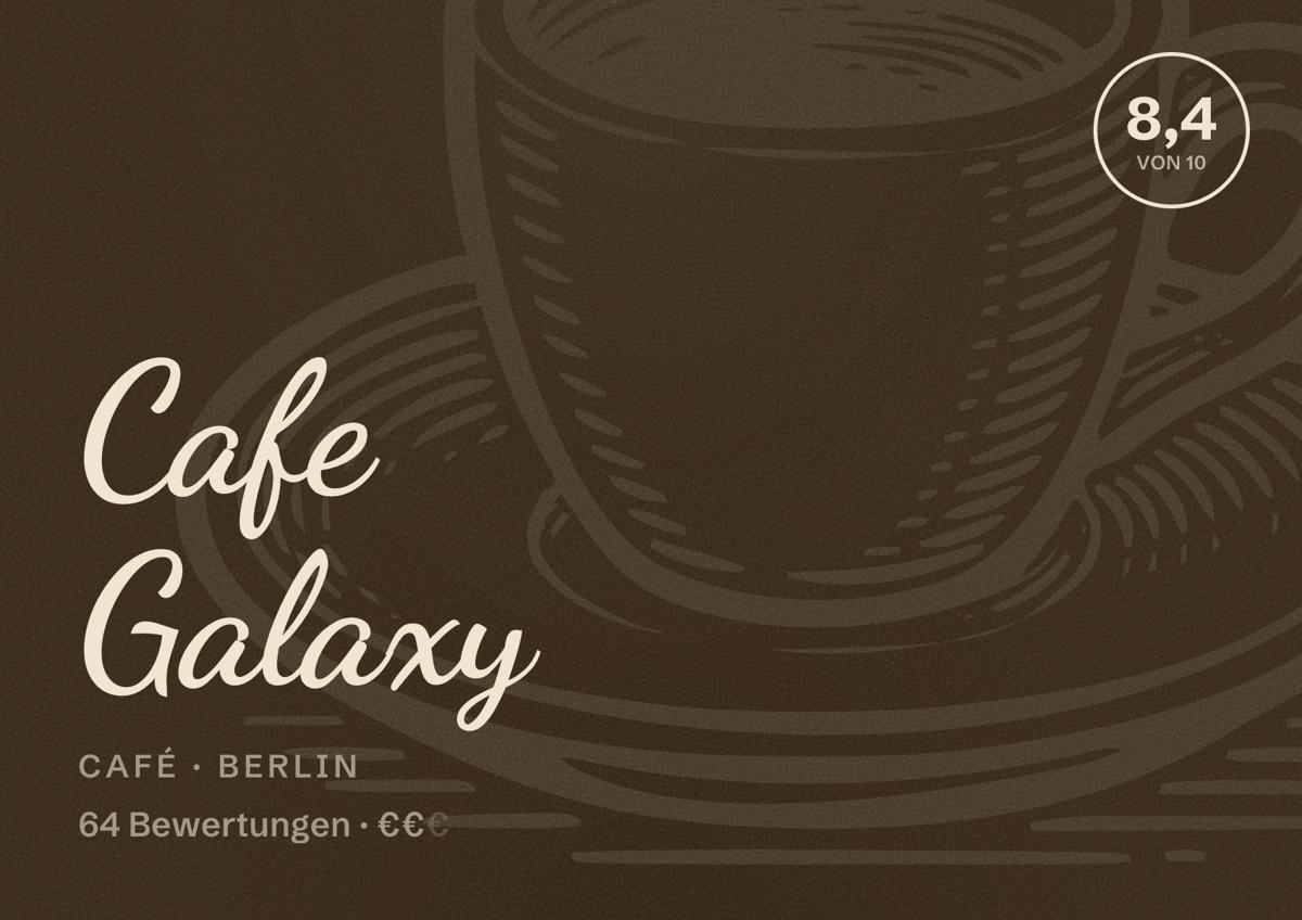Illustriertes Poster von Cafe Galaxy, Café in Berlin: Bewertung 8,4 von 10 aus 64 Bewertungen, Preisniveau €€