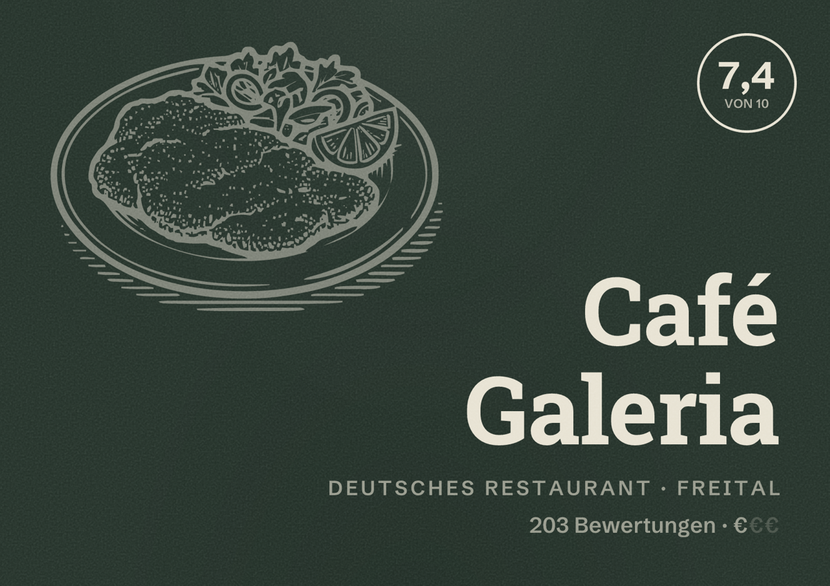 Illustriertes Poster von Café Galeria, Deutsches Restaurant in Freital: Bewertung 7,4 von 10 aus 203 Bewertungen, Preisniveau €