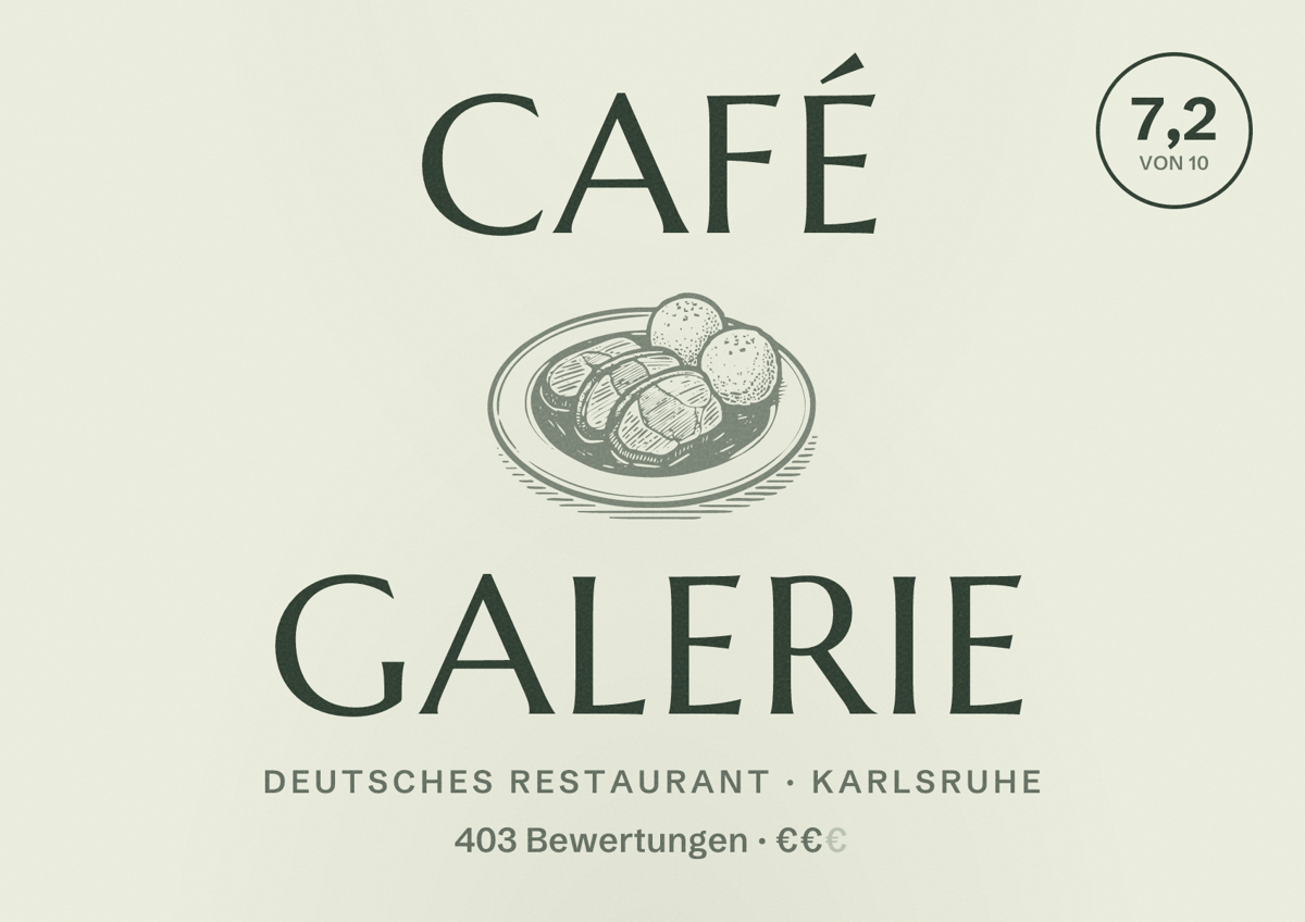 Illustriertes Poster von Café Galerie, Deutsches Restaurant in Karlsruhe: Bewertung 7,2 von 10 aus 403 Bewertungen, Preisniveau €€