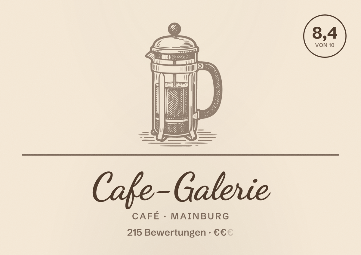 Illustriertes Poster von Cafe-Galerie, Café in Mainburg: Bewertung 8,4 von 10 aus 215 Bewertungen, Preisniveau €€