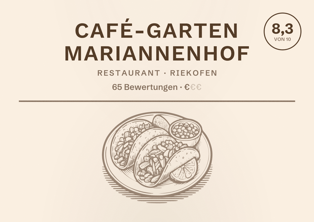 Illustriertes Poster von Café-Garten Mariannenhof, Restaurant in Riekofen: Bewertung 8,3 von 10 aus 65 Bewertungen, Preisniveau €