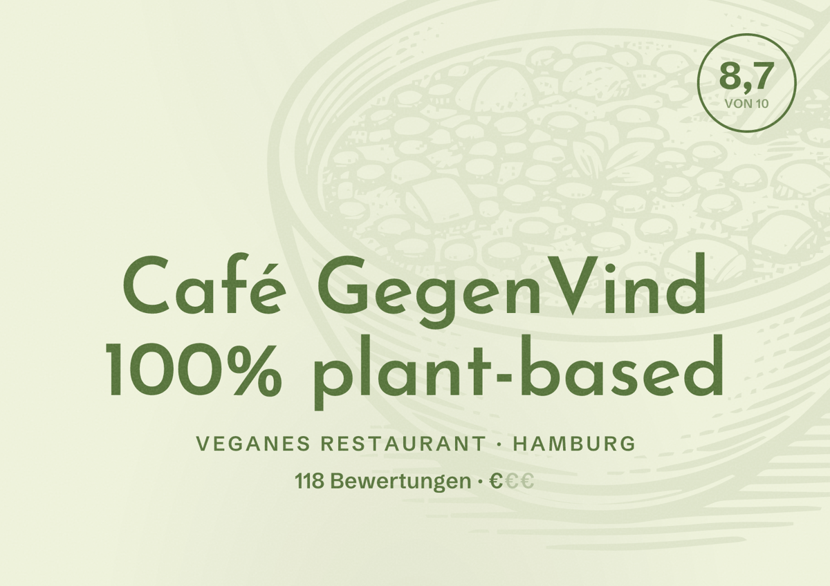 Illustriertes Poster von Café GegenVind 100% plant-based, Veganes Restaurant in Hamburg: Bewertung 8,7 von 10 aus 118 Bewertungen, Preisniveau €