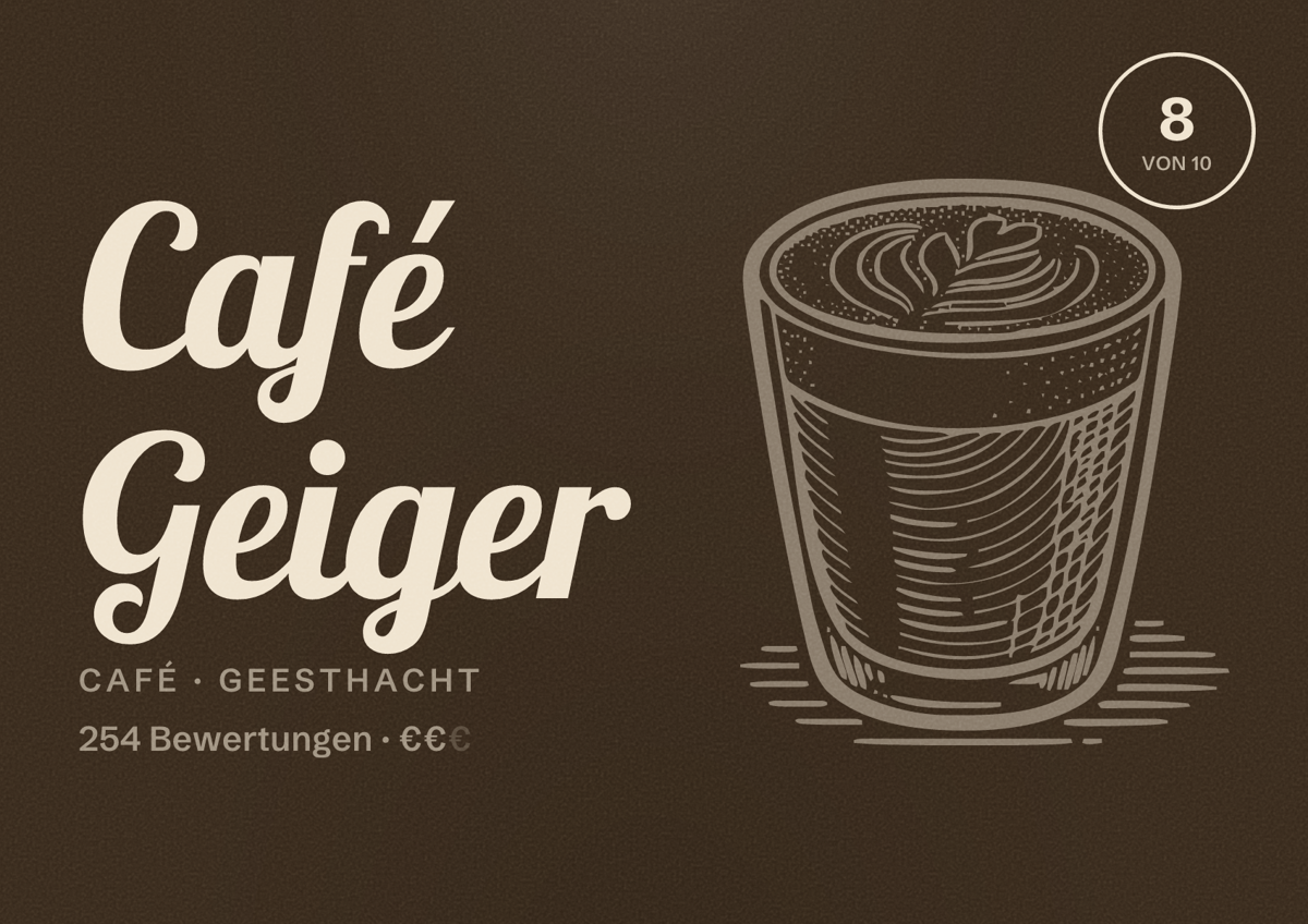 Illustriertes Poster von Café Geiger, Café in Geesthacht: Bewertung 8 von 10 aus 254 Bewertungen, Preisniveau €€