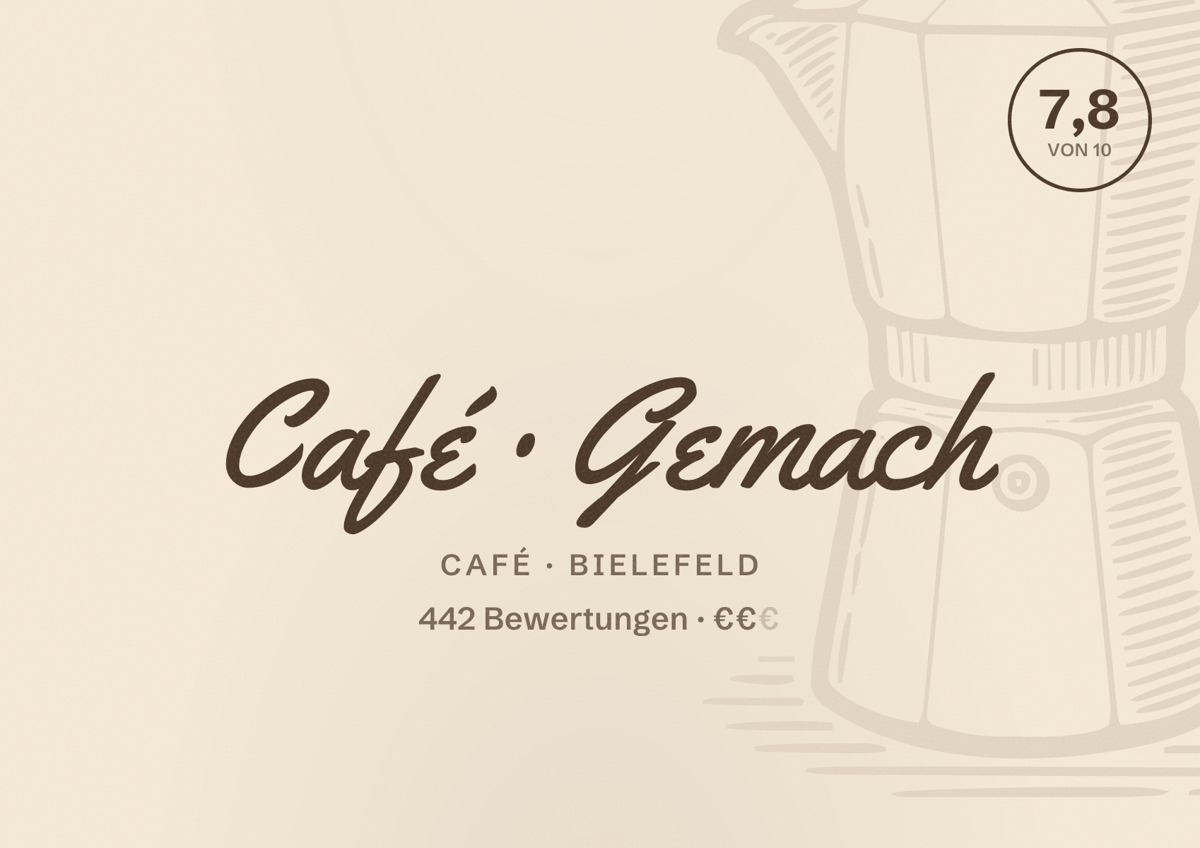 Illustriertes Poster von Café Gemach, Café in Bielefeld: Bewertung 7,8 von 10 aus 442 Bewertungen, Preisniveau €€