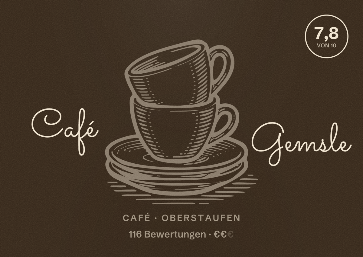 Illustriertes Poster von Café Gemsle, Café in Oberstaufen: Bewertung 7,8 von 10 aus 116 Bewertungen, Preisniveau €€
