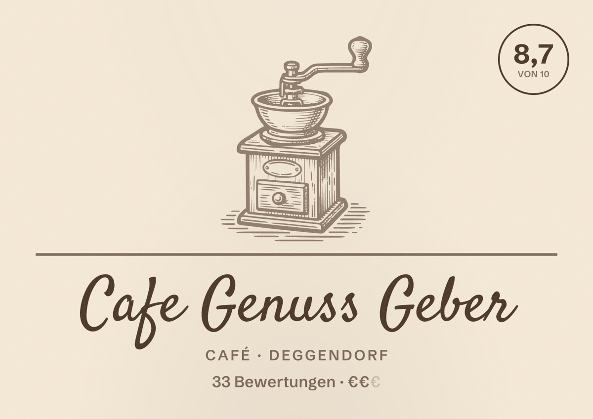Illustriertes Poster von Cafe Genuss Geber, Café in Deggendorf: Bewertung 8,7 von 10 aus 33 Bewertungen, Preisniveau €€