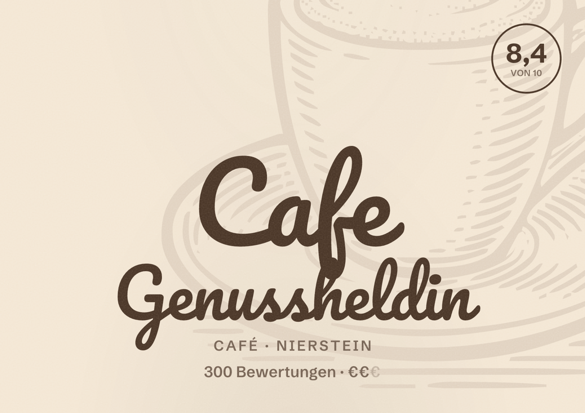 Illustriertes Poster von Cafe Genussheldin, Café in Nierstein: Bewertung 8,4 von 10 aus 300 Bewertungen, Preisniveau €€