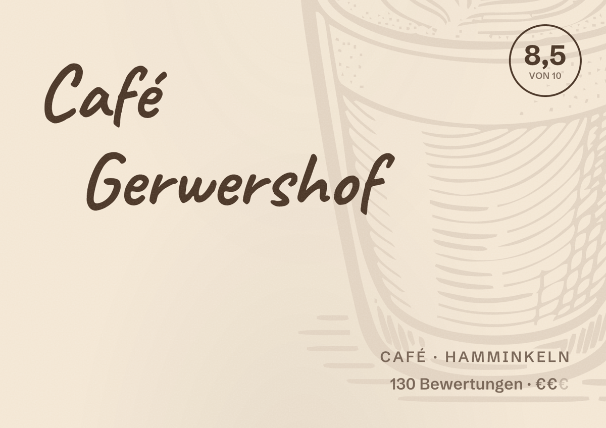 Illustriertes Poster von Café Gerwershof, Café in Hamminkeln: Bewertung 8,5 von 10 aus 130 Bewertungen, Preisniveau €€
