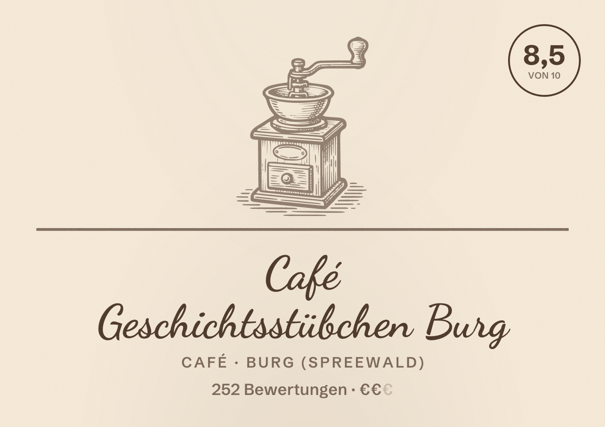 Illustriertes Poster von Café Geschichtsstübchen Burg, Café in Burg (Spreewald): Bewertung 8,5 von 10 aus 252 Bewertungen, Preisniveau €€