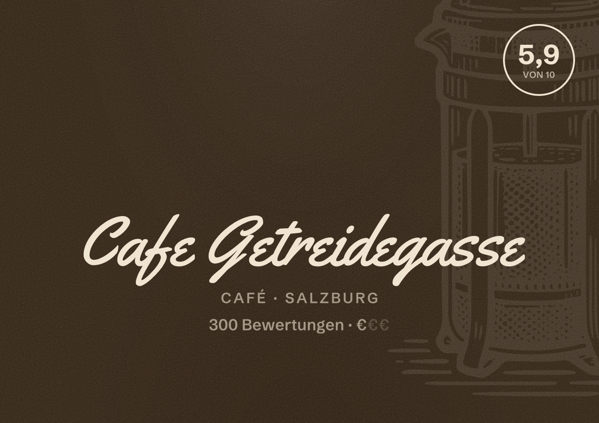 Illustriertes Poster von Cafe Getreidegasse, Café in Salzburg: Bewertung 5,9 von 10 aus 300 Bewertungen, Preisniveau €