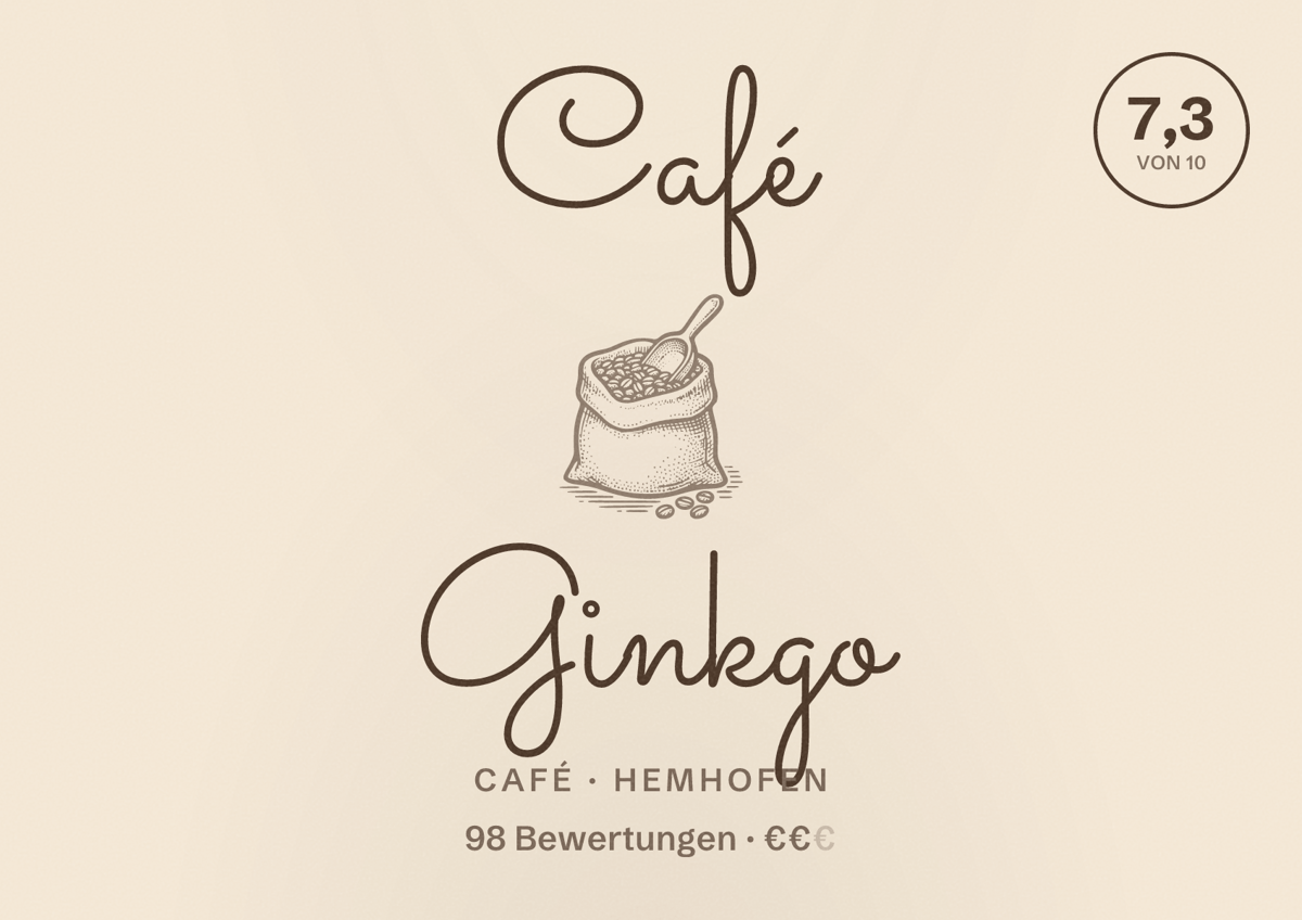 Illustriertes Poster von Café Ginkgo, Café in Hemhofen: Bewertung 7,3 von 10 aus 98 Bewertungen, Preisniveau €€