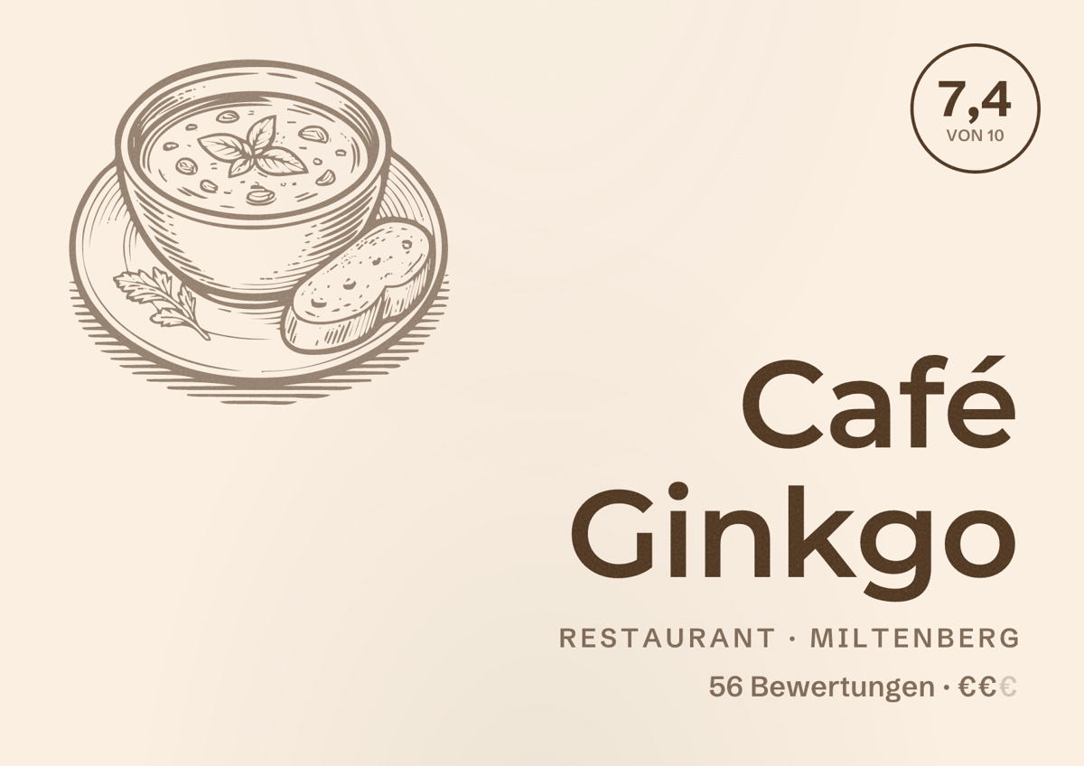 Illustriertes Poster von Café Ginkgo, Restaurant in Miltenberg: Bewertung 7,4 von 10 aus 56 Bewertungen, Preisniveau €€