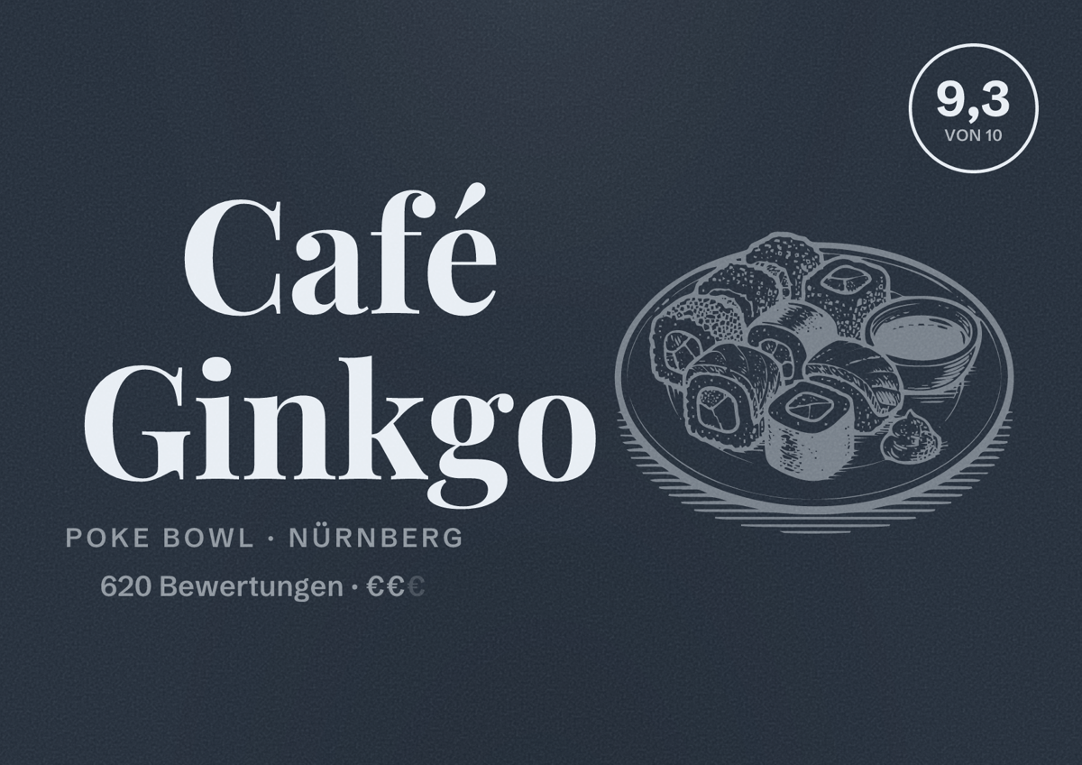 Illustriertes Poster von Café Ginkgo, Poke Bowl in Nürnberg: Bewertung 9,3 von 10 aus 620 Bewertungen, Preisniveau €€