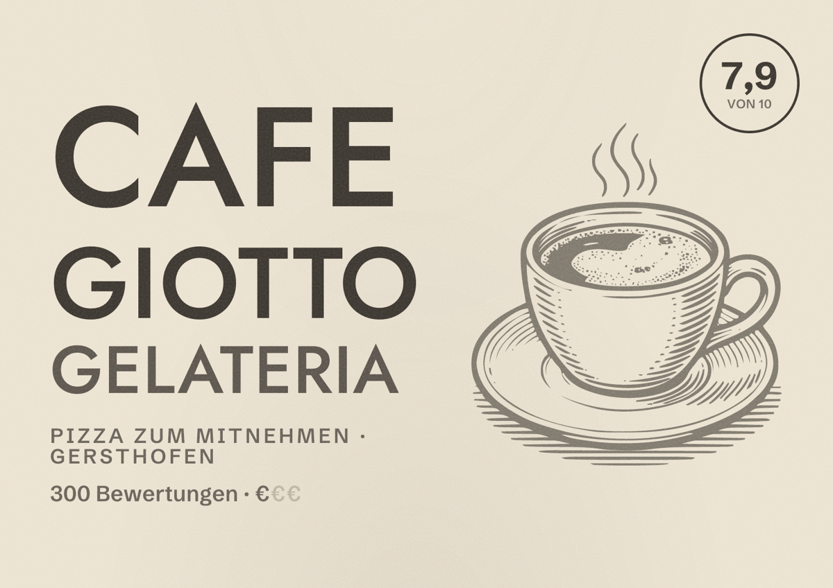 Illustriertes Poster von Cafe Giotto Gelateria, Pizza zum Mitnehmen in Gersthofen: Bewertung 7,9 von 10 aus 300 Bewertungen, Preisniveau €