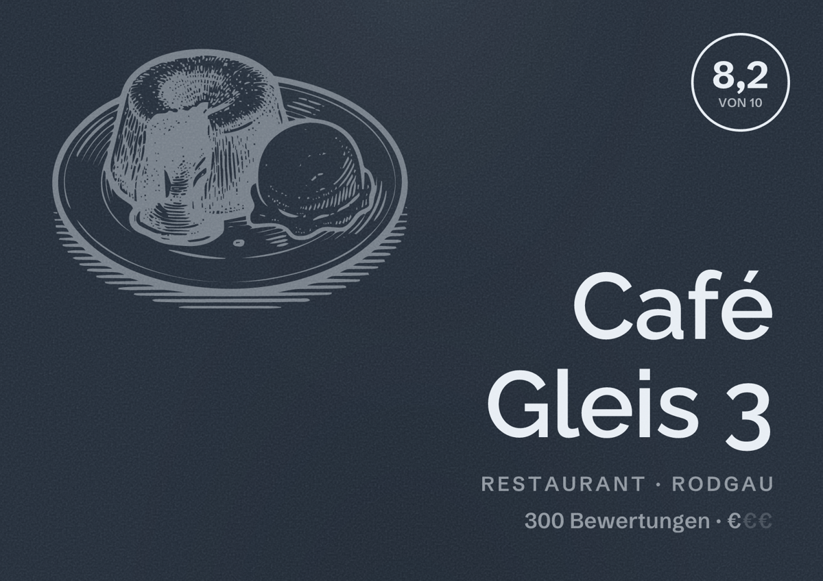 Illustriertes Poster von Café Gleis 3, Restaurant in Rodgau: Bewertung 8,2 von 10 aus 300 Bewertungen, Preisniveau €