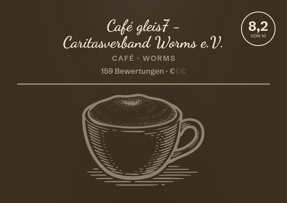 Illustriertes Poster von Café gleis7 - Caritasverband Worms e.V., Café in Worms: Bewertung 8,2 von 10 aus 159 Bewertungen, Preisniveau €
