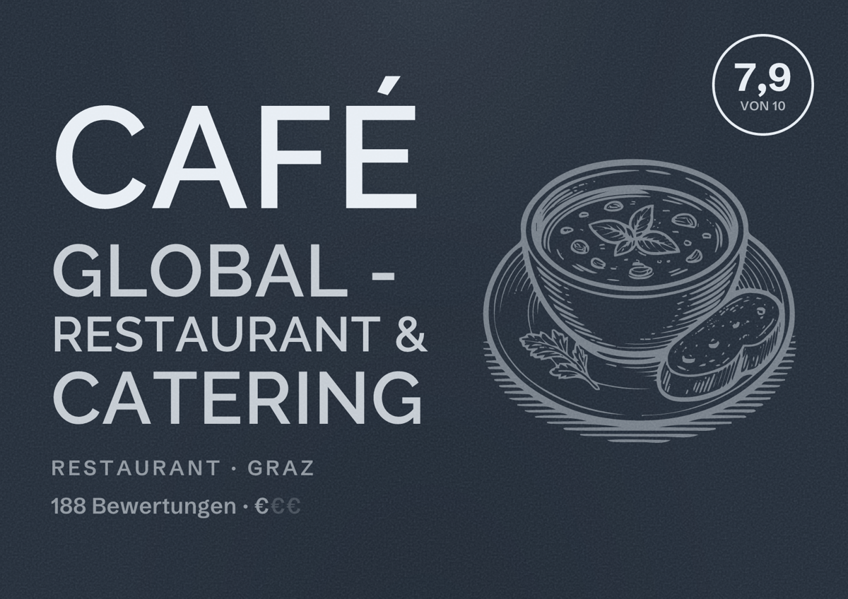 Illustriertes Poster von Café Global - Restaurant & Catering, Restaurant in Graz: Bewertung 7,9 von 10 aus 188 Bewertungen, Preisniveau €