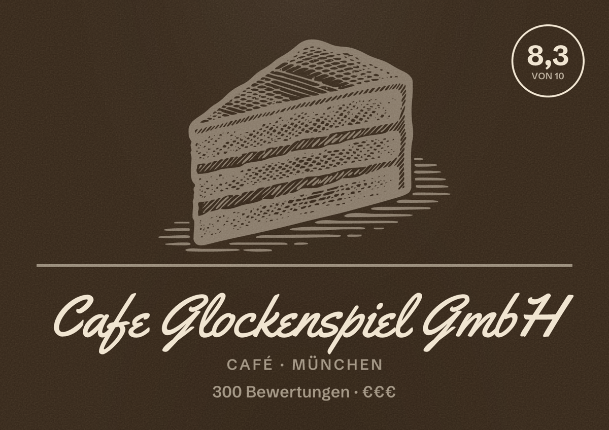 Illustriertes Poster von Cafe Glockenspiel GmbH, Café in München: Bewertung 8,3 von 10 aus 300 Bewertungen, Preisniveau €€€