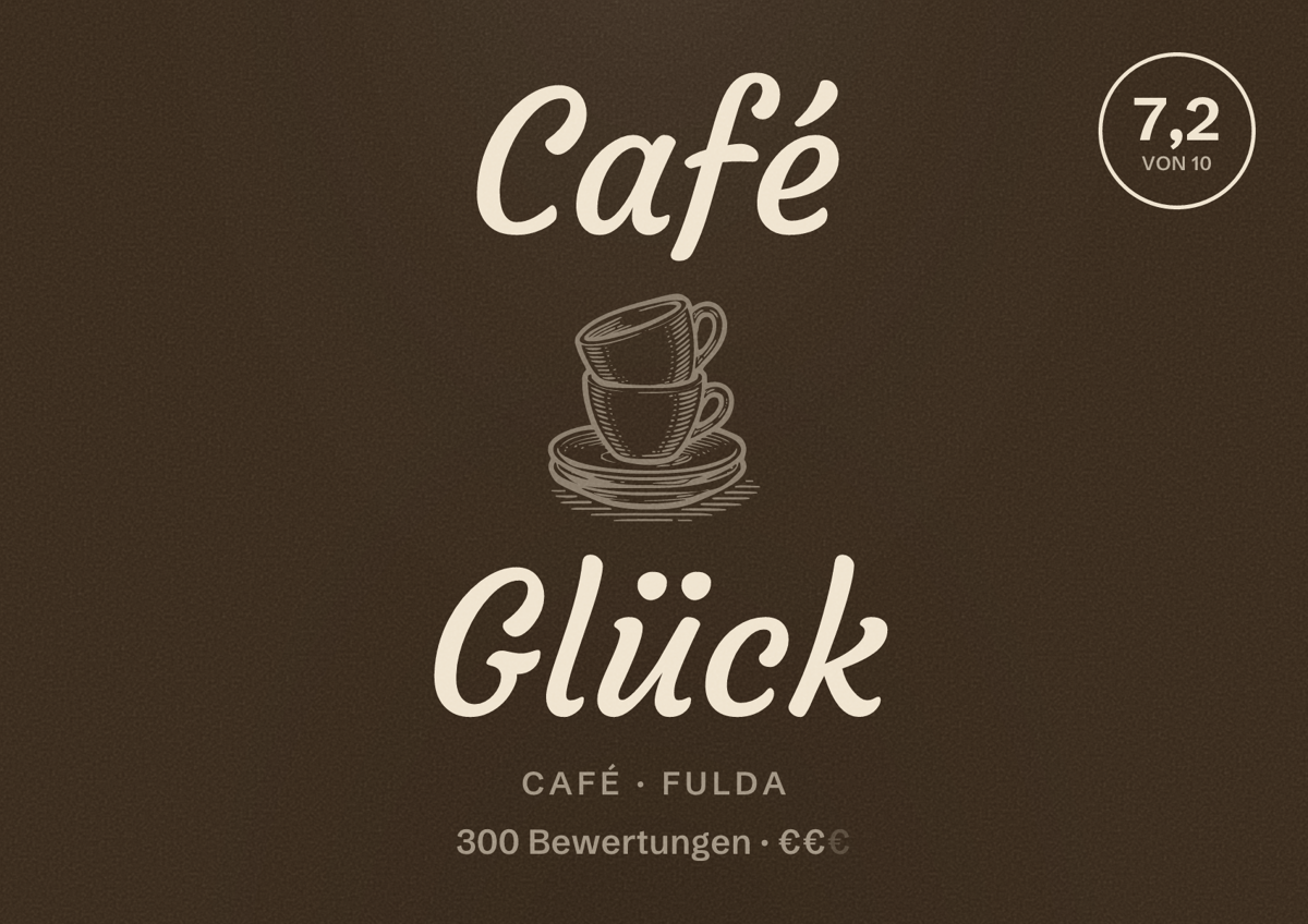Illustriertes Poster von Café Glück, Café in Fulda: Bewertung 7,2 von 10 aus 300 Bewertungen, Preisniveau €€