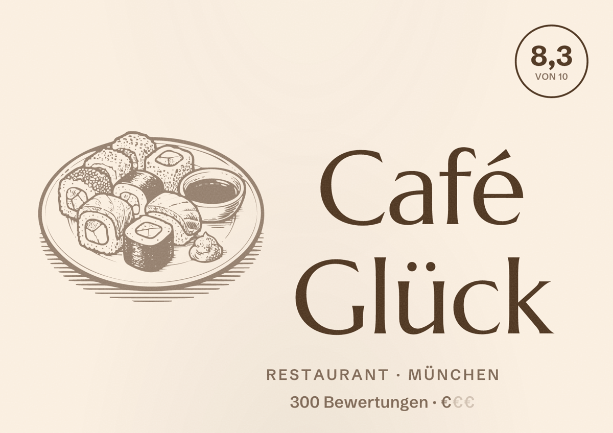 Illustriertes Poster von Café Glück, Restaurant in München: Bewertung 8,3 von 10 aus 300 Bewertungen, Preisniveau €
