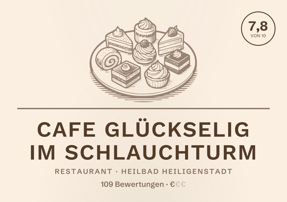 Illustriertes Poster von Cafe Glückselig im Schlauchturm, Restaurant in Heilbad Heiligenstadt: Bewertung 7,8 von 10 aus 109 Bewertungen, Preisniveau €