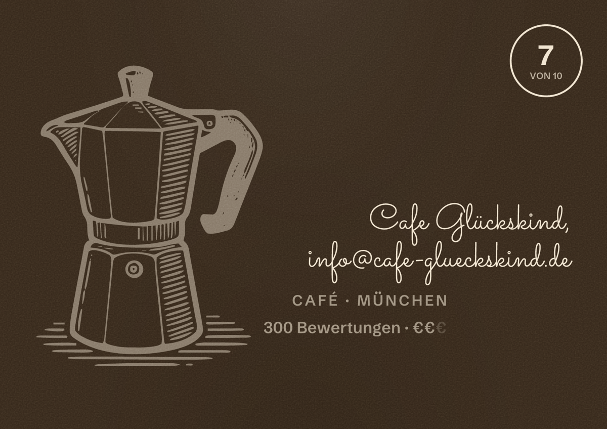Illustriertes Poster von Cafe Glückskind, info@cafe-glueckskind.de, Café in München: Bewertung 7 von 10 aus 300 Bewertungen, Preisniveau €€