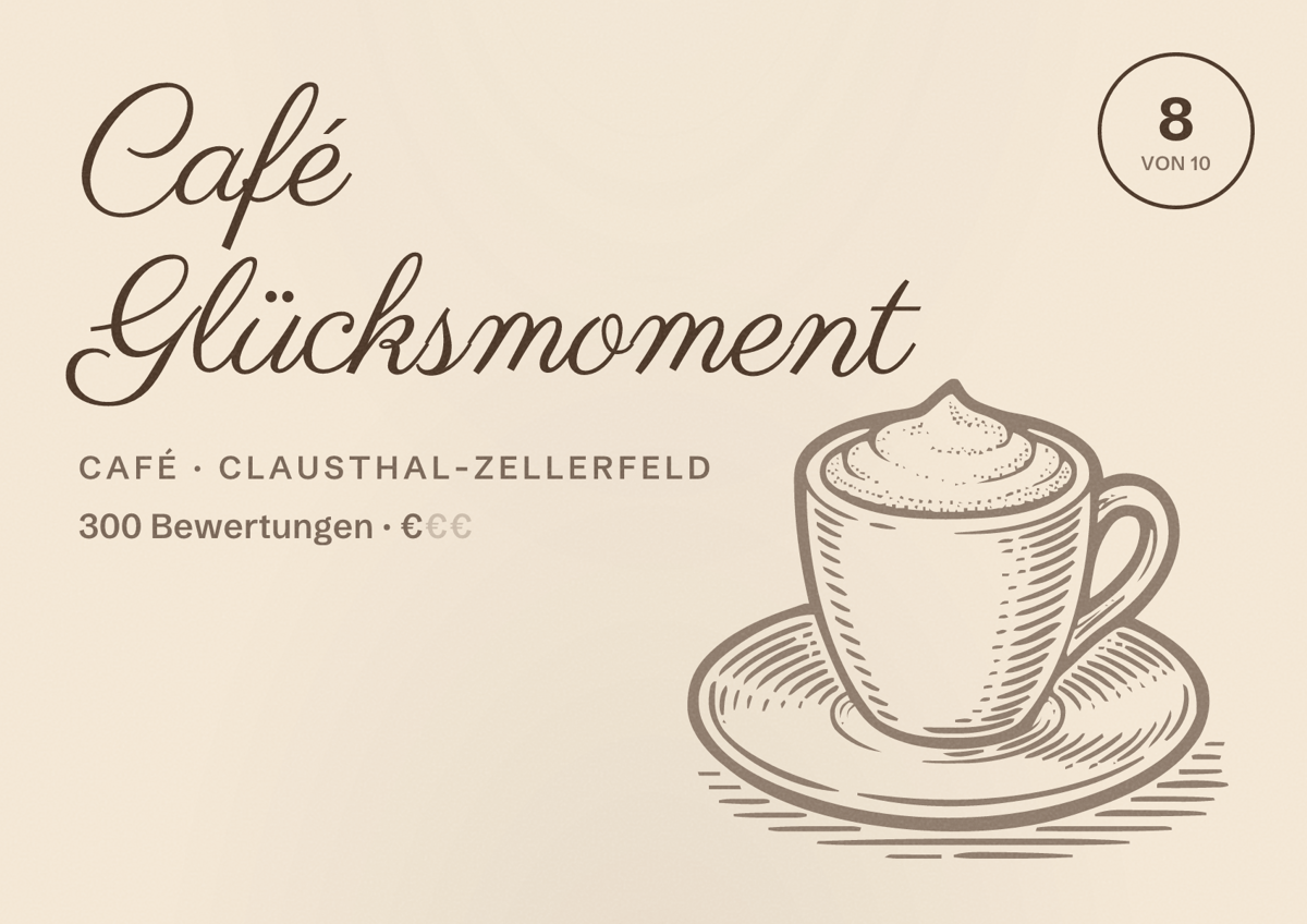 Illustriertes Poster von Café Glücksmoment, Café in Clausthal-Zellerfeld: Bewertung 8 von 10 aus 300 Bewertungen, Preisniveau €