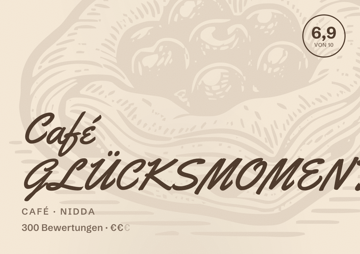 Illustriertes Poster von Café GLÜCKSMOMENTE, Café in Nidda: Bewertung 6,9 von 10 aus 300 Bewertungen, Preisniveau €€