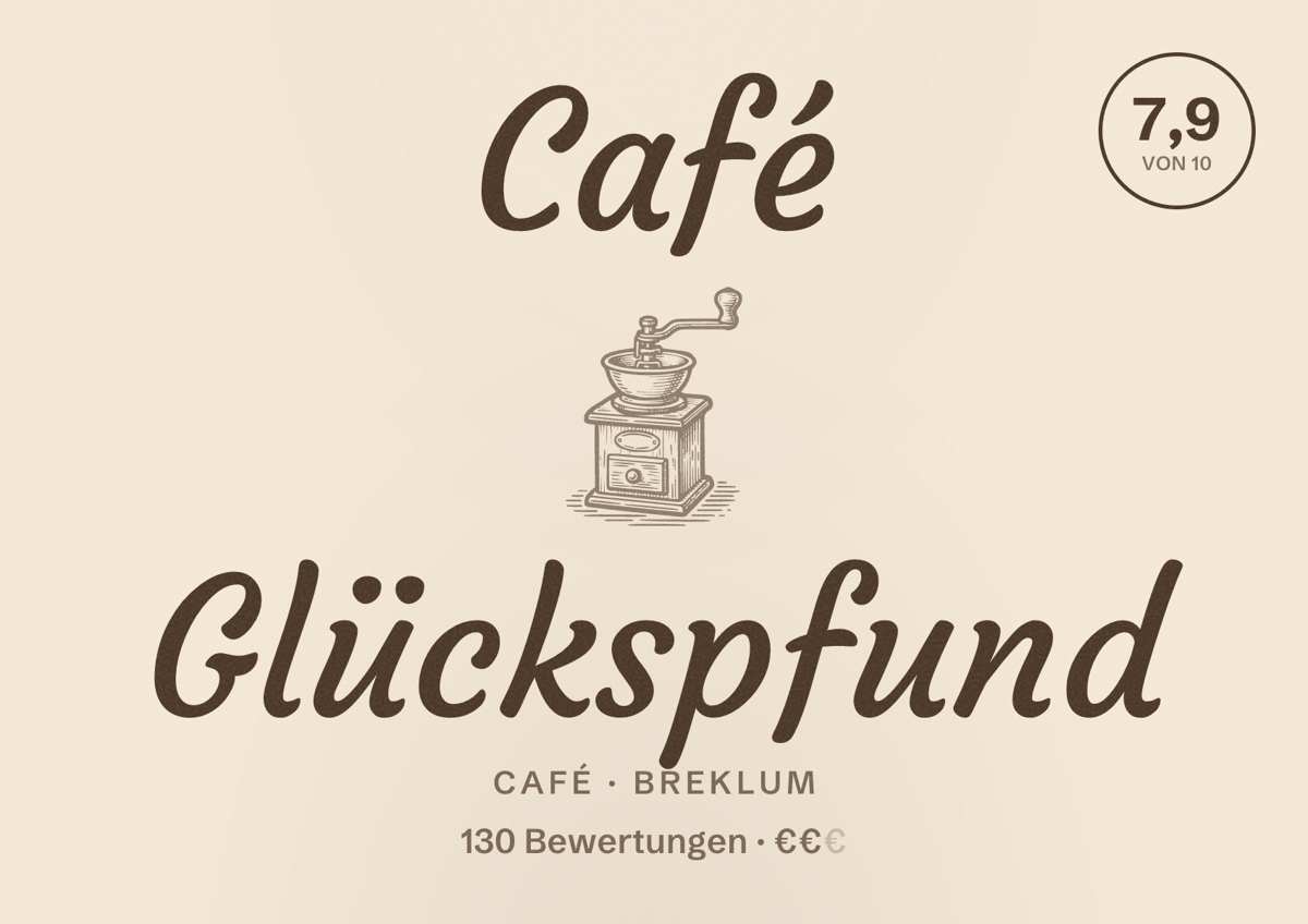 Illustriertes Poster von Café Glückspfund, Café in Breklum: Bewertung 7,9 von 10 aus 130 Bewertungen, Preisniveau €€