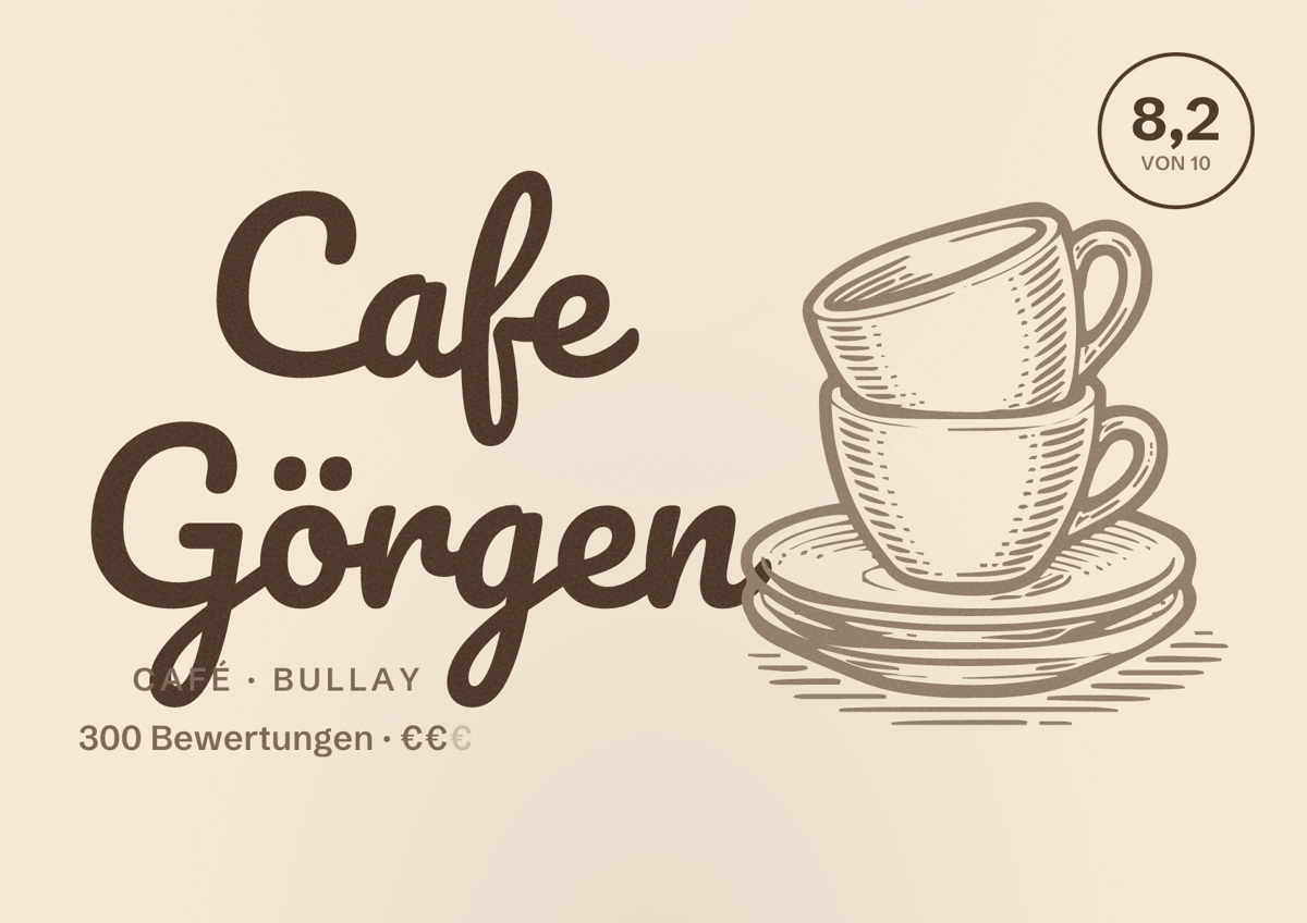 Illustriertes Poster von Cafe Görgen, Café in Bullay: Bewertung 8,2 von 10 aus 300 Bewertungen, Preisniveau €€
