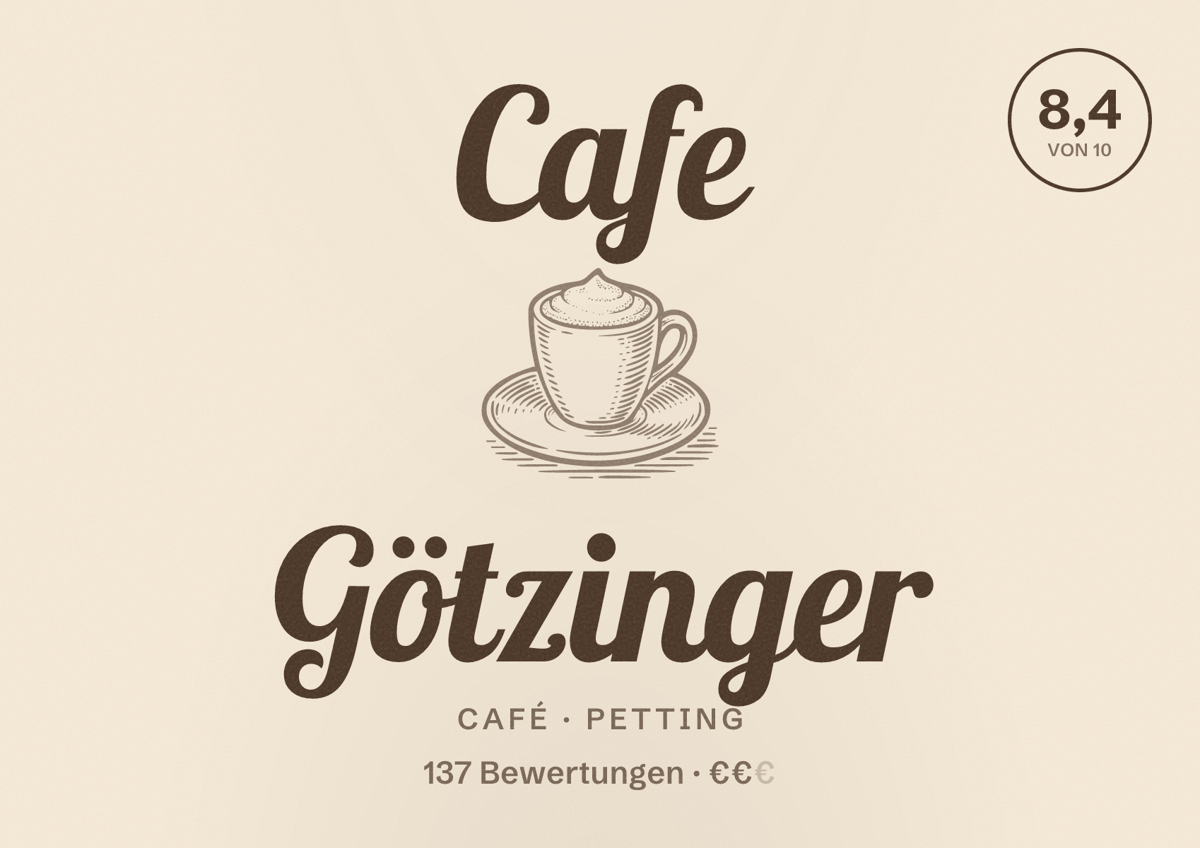 Illustriertes Poster von Cafe Götzinger, Café in Petting: Bewertung 8,4 von 10 aus 137 Bewertungen, Preisniveau €€