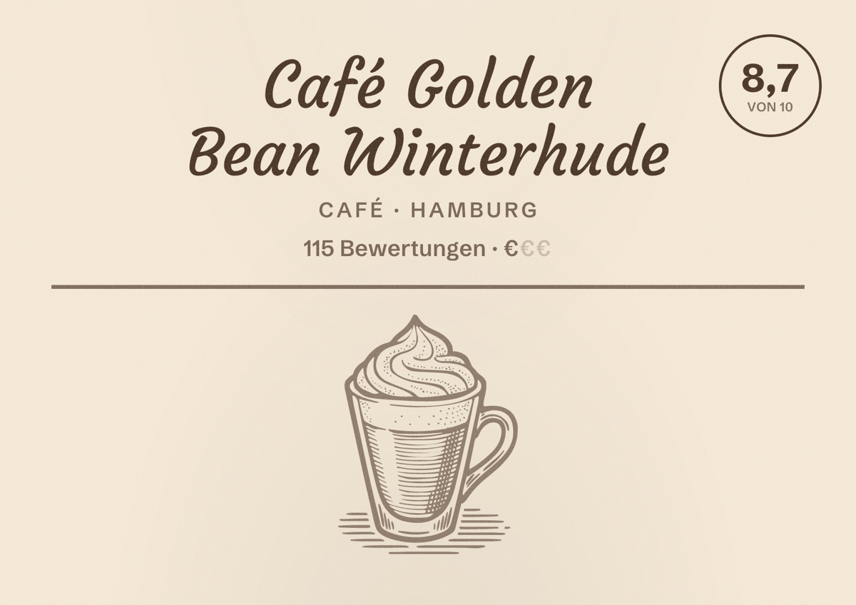 Illustriertes Poster von Café Golden Bean Winterhude, Café in Hamburg: Bewertung 8,7 von 10 aus 115 Bewertungen, Preisniveau €