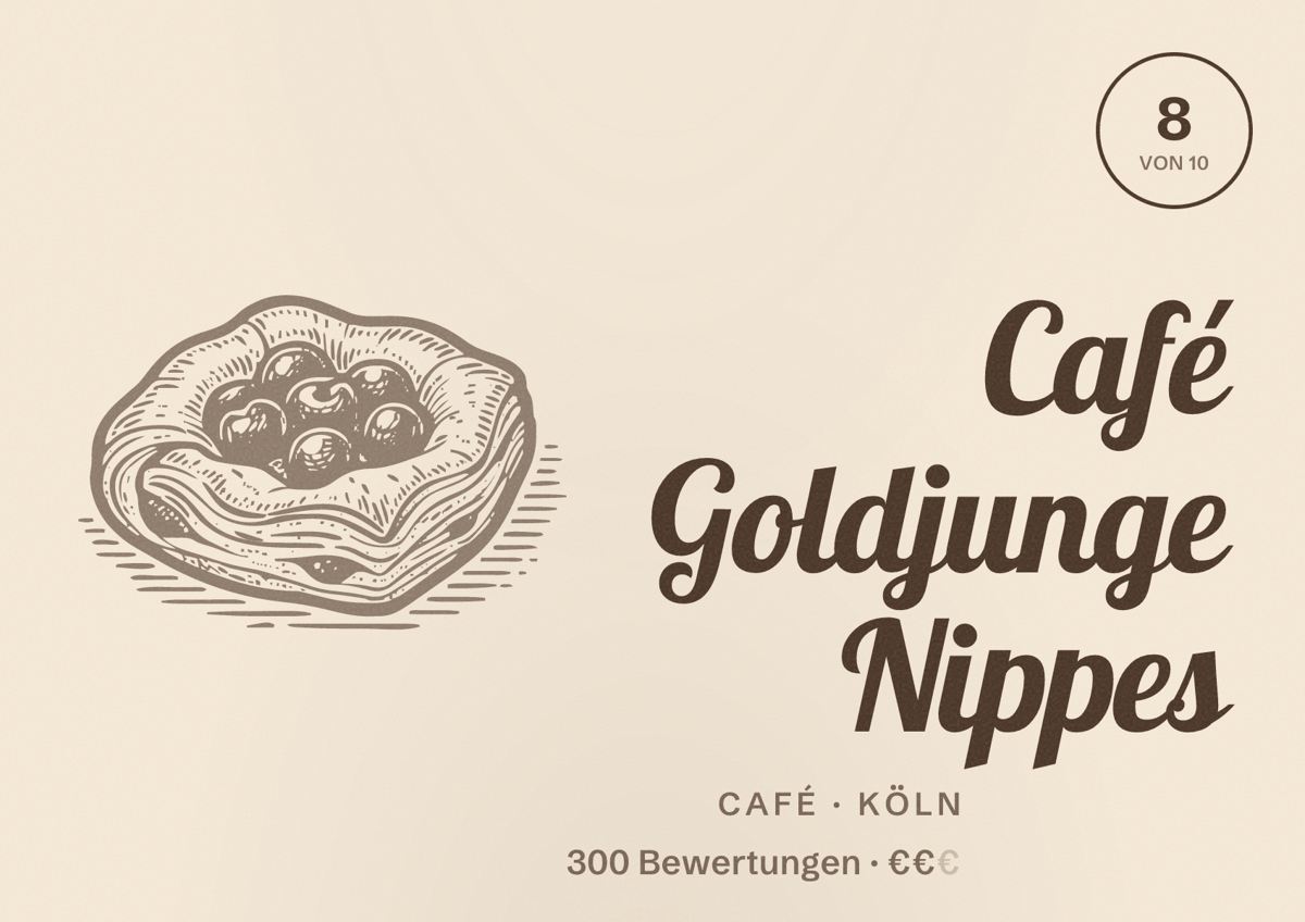 Illustriertes Poster von Café Goldjunge Nippes, Café in Köln: Bewertung 8,0 von 10 aus 300 Bewertungen, Preisniveau €€