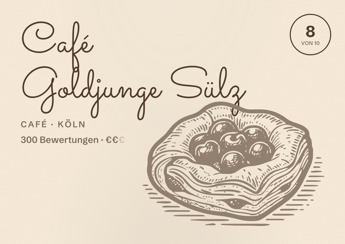 Illustriertes Poster von Café Goldjunge Sülz, Café in Köln: Bewertung 8,0 von 10 aus 300 Bewertungen, Preisniveau €€