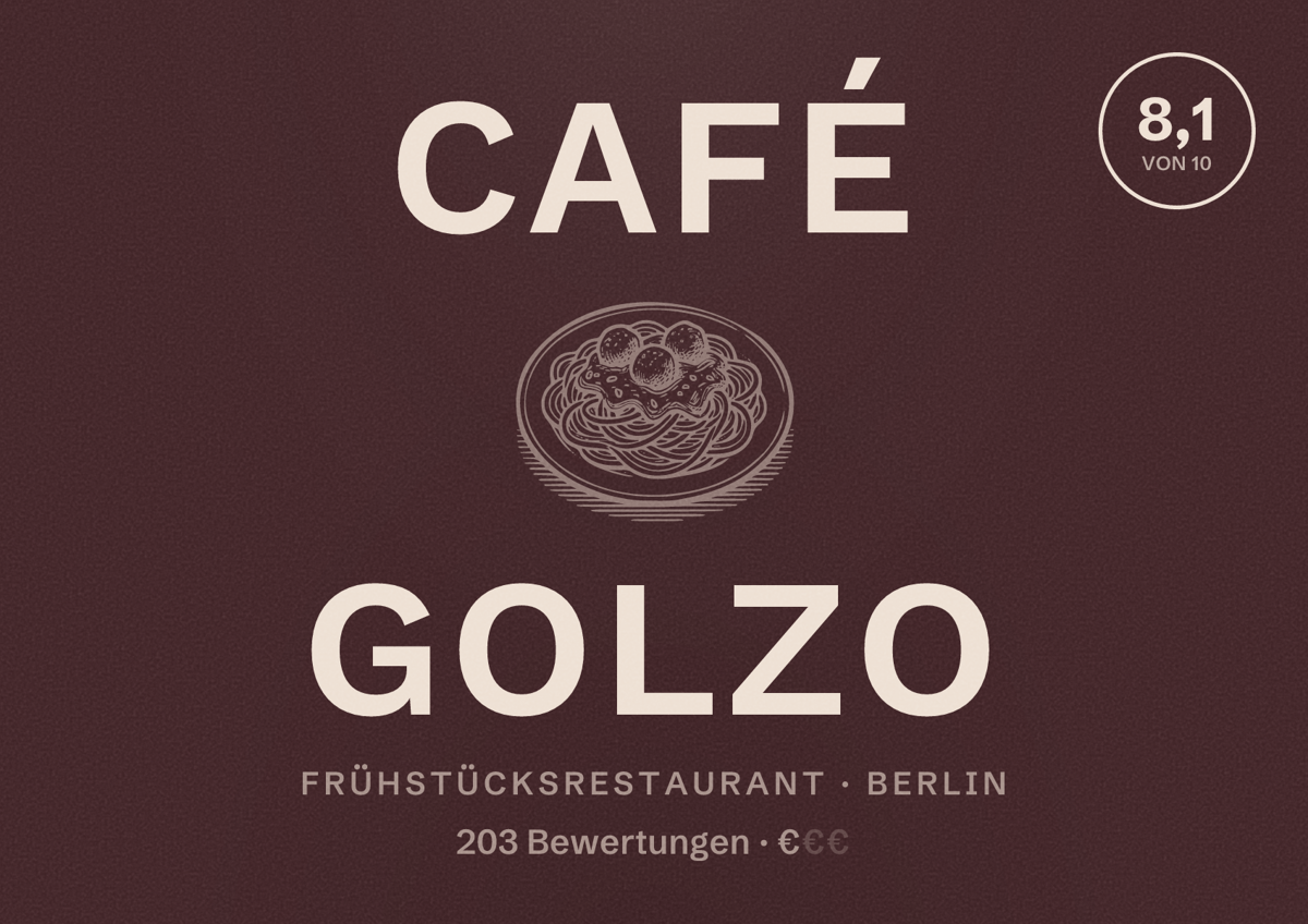 Illustriertes Poster von Café Golzo, Frühstücksrestaurant in Berlin: Bewertung 8,1 von 10 aus 203 Bewertungen, Preisniveau €