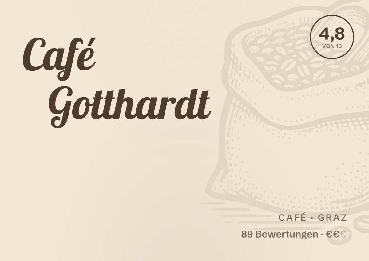 Illustriertes Poster von Café Gotthardt, Café in Graz: Bewertung 4,8 von 10 aus 89 Bewertungen, Preisniveau €€