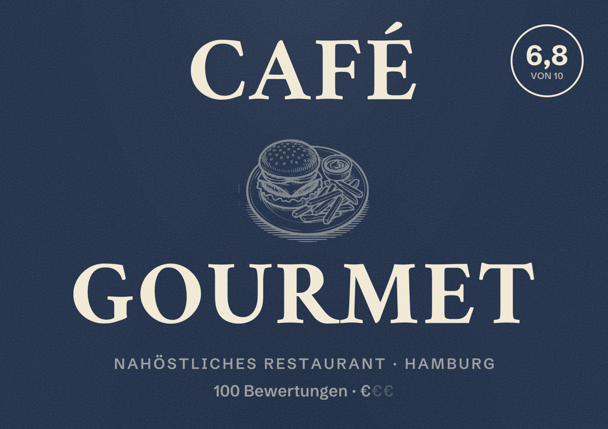 Illustriertes Poster von Café Gourmet, Nahöstliches Restaurant in Hamburg: Bewertung 6,8 von 10 aus 100 Bewertungen, Preisniveau €