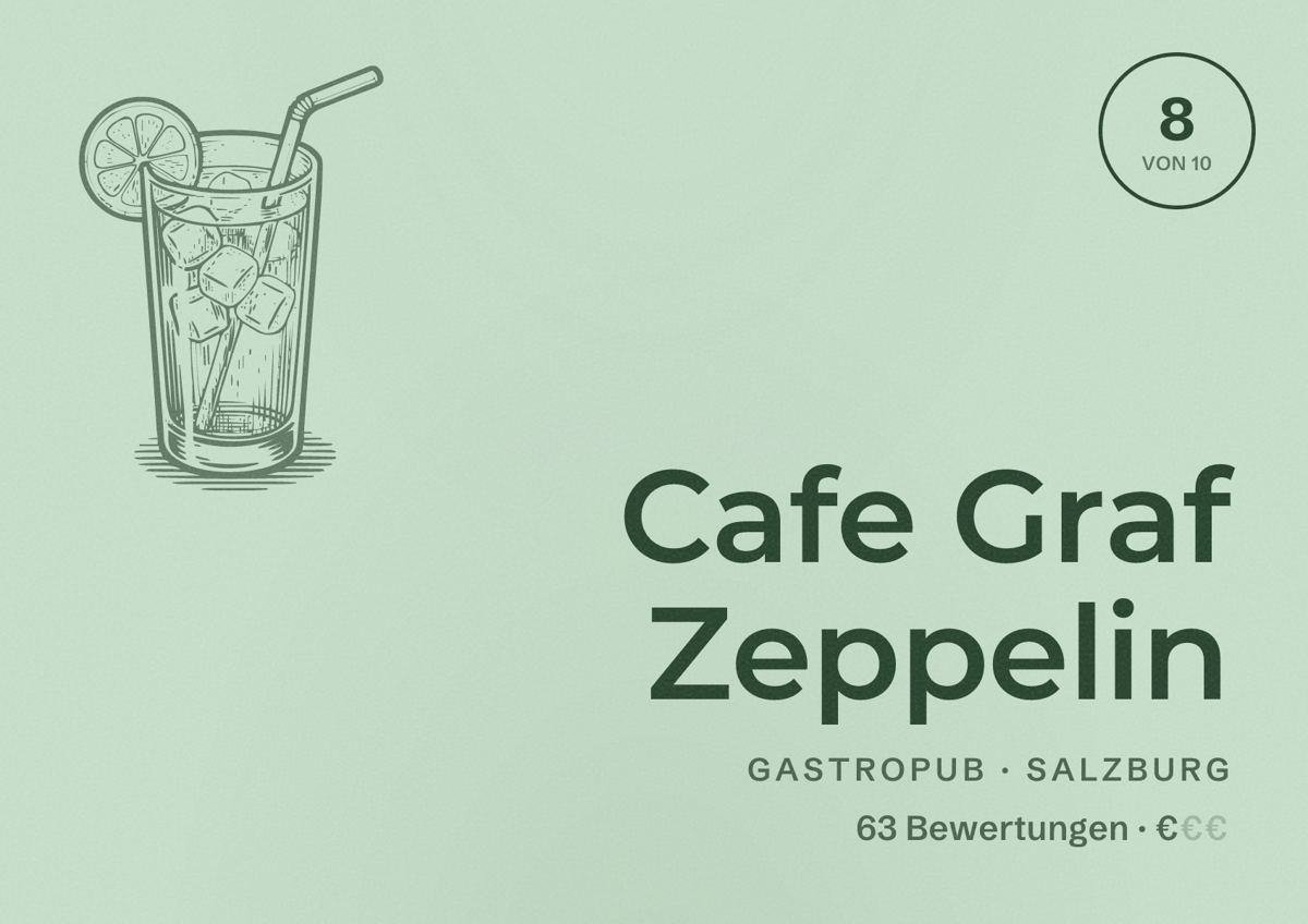 Illustriertes Poster von Cafe Graf Zeppelin, Gastropub in Salzburg: Bewertung 8 von 10 aus 63 Bewertungen, Preisniveau €