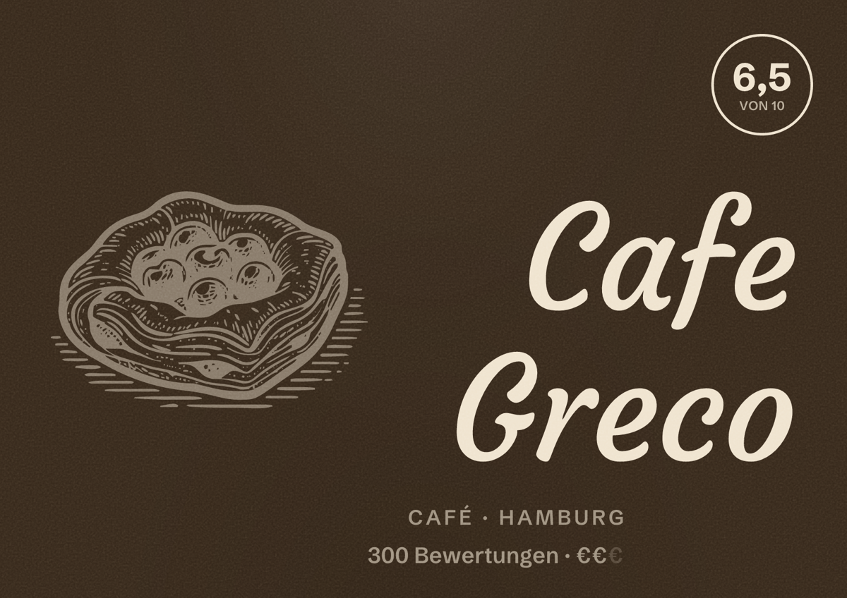 Illustriertes Poster von Cafe Greco, Café in Hamburg: Bewertung 6,5 von 10 aus 300 Bewertungen, Preisniveau €€