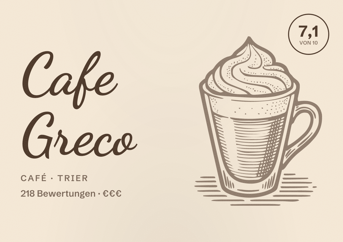 Illustriertes Poster von Cafe Greco, Café in Trier: Bewertung 7,1 von 10 aus 218 Bewertungen, Preisniveau €€€
