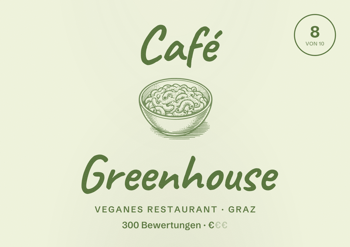 Illustriertes Poster von Café Greenhouse, Veganes Restaurant in Graz: Bewertung 8 von 10 aus 300 Bewertungen, Preisniveau €