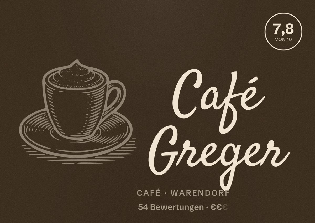 Illustriertes Poster von Café Greger, Café in Warendorf: Bewertung 7,8 von 10 aus 54 Bewertungen, Preisniveau €€