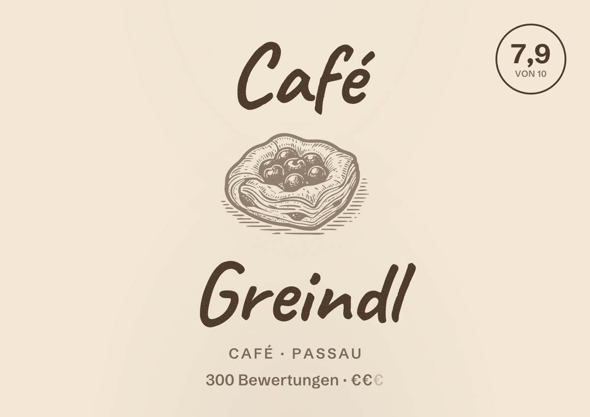 Illustriertes Poster von Café Greindl, Café in Passau: Bewertung 7,9 von 10 aus 300 Bewertungen, Preisniveau €€